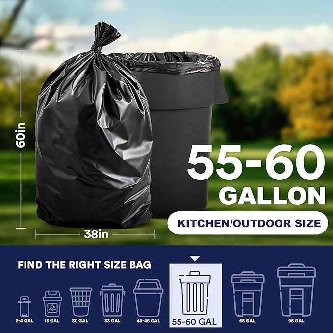 Plasticplace 55-60 Gallon Trash Bags Heavy Duty Black Garbage Bags 100 Count for Lawn Yard and Outdoor Waste Disposal Ideal for Industrial Trash Cans Contractors and Home Improvement Projects