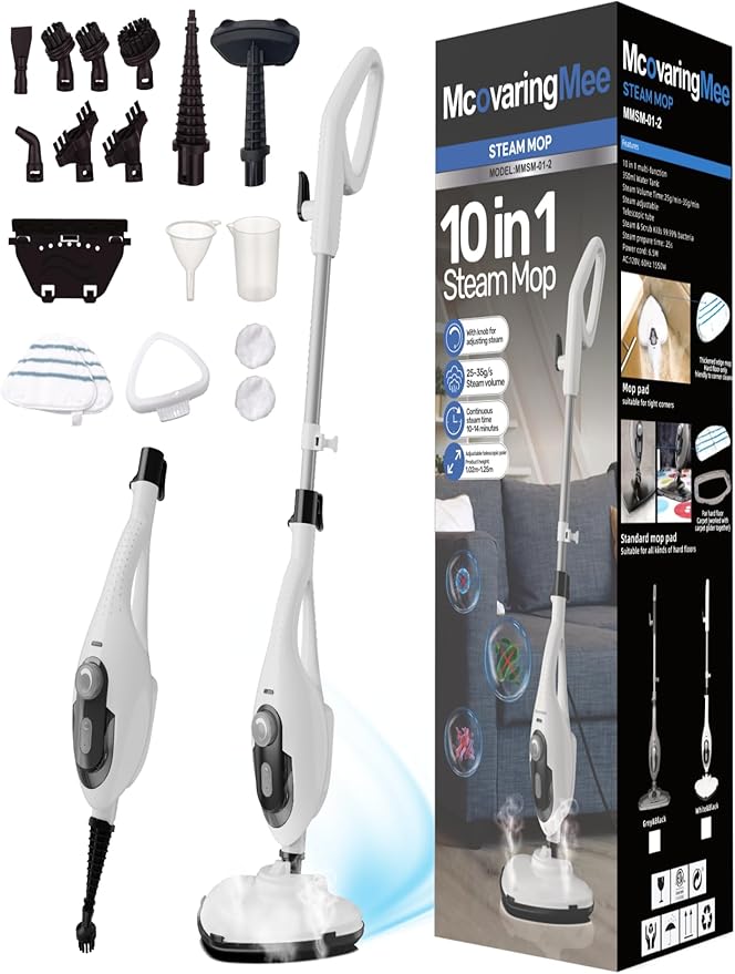 11-in-1 Steam Mop 1550W Powerful Handheld Steam Cleaner 260°F Multi-Functional Floor Steamer with 21.3FT Cord for Floors Hardwood Tiles Grout Windows Kitchen Bath Adjustable (White)