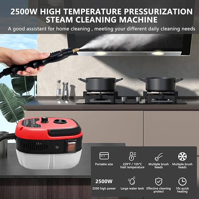 Handheld Steam Cleaner 2500W Pressurized Steam Cleaner with 3 Brush Heads Portable Steam Cleaner for Home Car Furniture Kitchen Bathroom and Wall Red