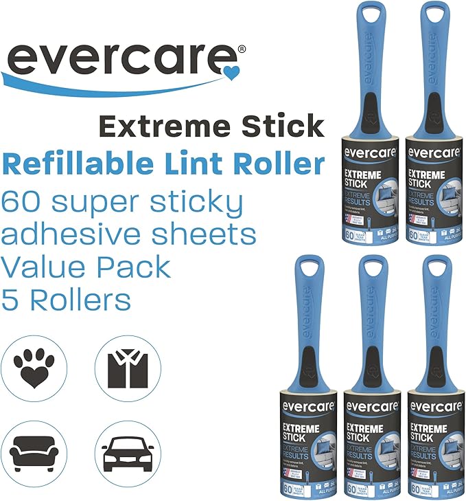 Evercare All Purpose Lint Brush Value Pack - 5 Rollers (300 Sheets Total) Blue