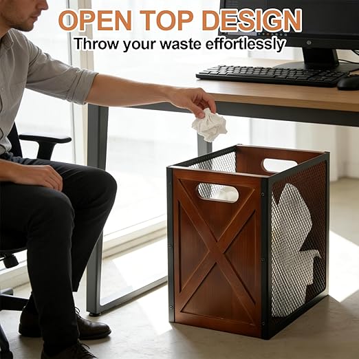 Rustic Office Trash Can - Rectangular Waste Basket with Iron Mesh 4.5 Gallon Wooden Garbage Can Bathroom Garbage Bin with Handles Decorative Trash Can for Home Office Bedroom