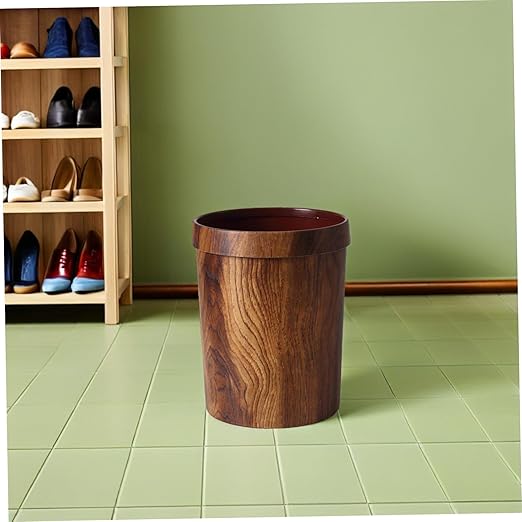 Vintage Woodgraining Container Plastic Trash Can with Pressure Ring for Living Bedroom Classic Solid Wood Pattern Bin Material Waste Basket
