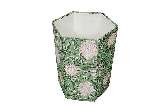 Generic 3.3 Gallon Cotton Hand Block Printed Paper Waste Basket |Small Decorative Trash Can for Housewarming Gifts in Living Room Bedroom Bathroom | Eco-Friendly Plastic-Free (1 GREEN GE.)