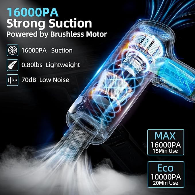 Car Vacuum Cleaner&ampAir Duster | 80W | 16kpa | 12KRPM | 20 Mins-Dust Cleaner Portable Cordless Vacuum Pro-Compressed Air BlowerLightweight Rechargeable Handheld Mini Vacuum for Car/Home/Office
