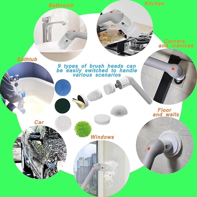Electric Spin ScrubberBathroom Cleaner Brush with Full-Body IPX7 WaterproofShower Scrubber with Long HandlePower Cleaning Brush with 9 Brush HeadsCordless Scrubber for KitchenTubTileGalssFloor