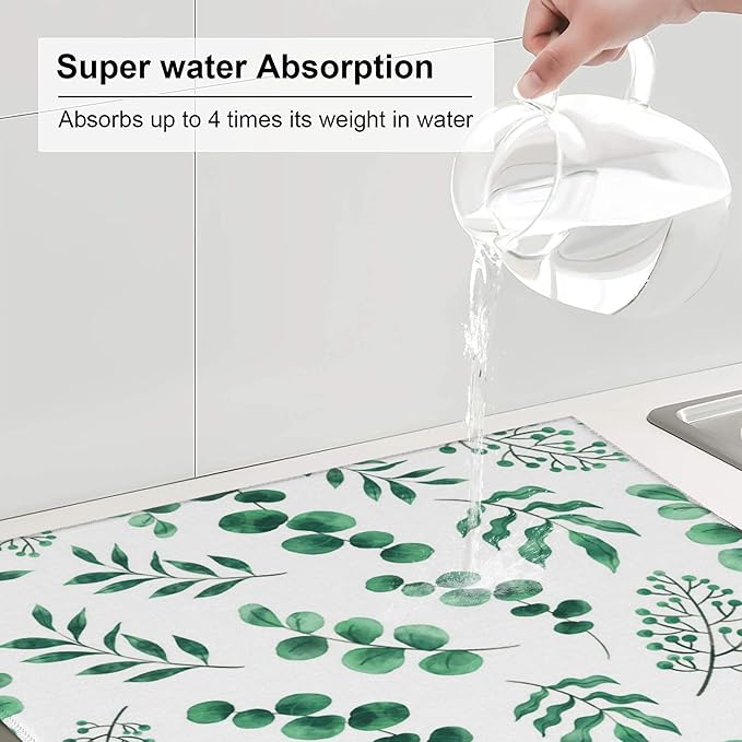 Watercolor Plant Green Leaves Dish Drying Mat for Kitchen Counter 16x18 Microfiber Absorbent Fast Dry Mat 2Pcs Dish Mat Faucet Mats Sets Large Drying Kitchen Mat Kitchen Drying Pad