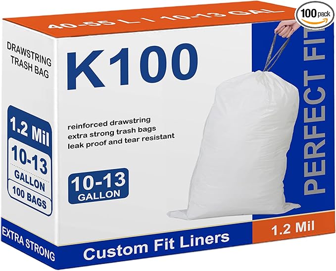 Code K 100 Count Compatible with simpIehuman Code K 10-15 Gallon Heavy Duty Trash Bags 1.2 Mil THICK White Garbage Can Liners Reinforced Drawstring Plastic Trash Bags PERFECT FIT &amp GRAND SAVE