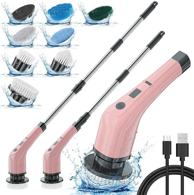 APLUSH Electric Spin ScrubberCordless Shower Cleaning Brush with 7 Replaceable Brush Heads Adjustable 2 Speeds Extension Handle Power Cleaning Brush for Tub Tile Floor CarPink