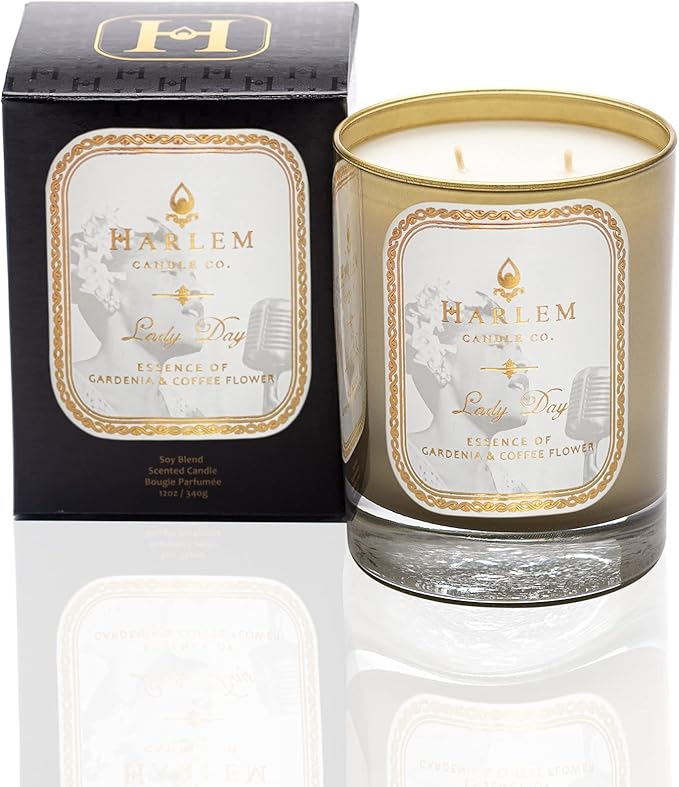 HARLEM CANDLE CO. Lady Day - Luxury Scented Soy Candle 11 oz - 80-Hour Burn Time | Gardenia Jasmine Lush Green Leaves Neroli Blossom and Coconut Milk | Scented Candles for Home