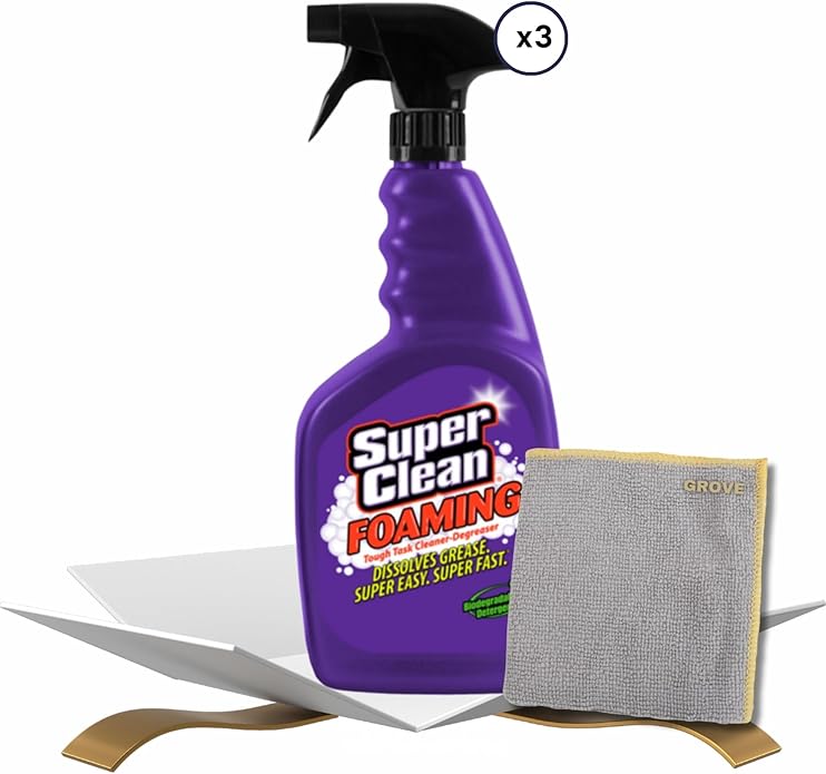 Super Clean Citrus Scent Foaming Cleaner and Degreaser Spray 32 oz Bundle with Microfiber Cloth - Heavy Duty Degreaser for Kitchen Oil Grime and Dirt Removal - (4 Items)