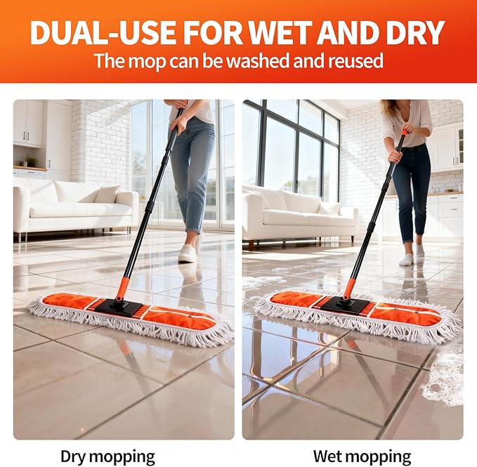 36 Large Commercial Dust Mops for Industrial Floor Marble LaminateTileConcreteGarage. Janitor Broom Wide Dry mop for Hardwood Heavy Duty Long Handle Hotel Gym Household Cleaning Supplies