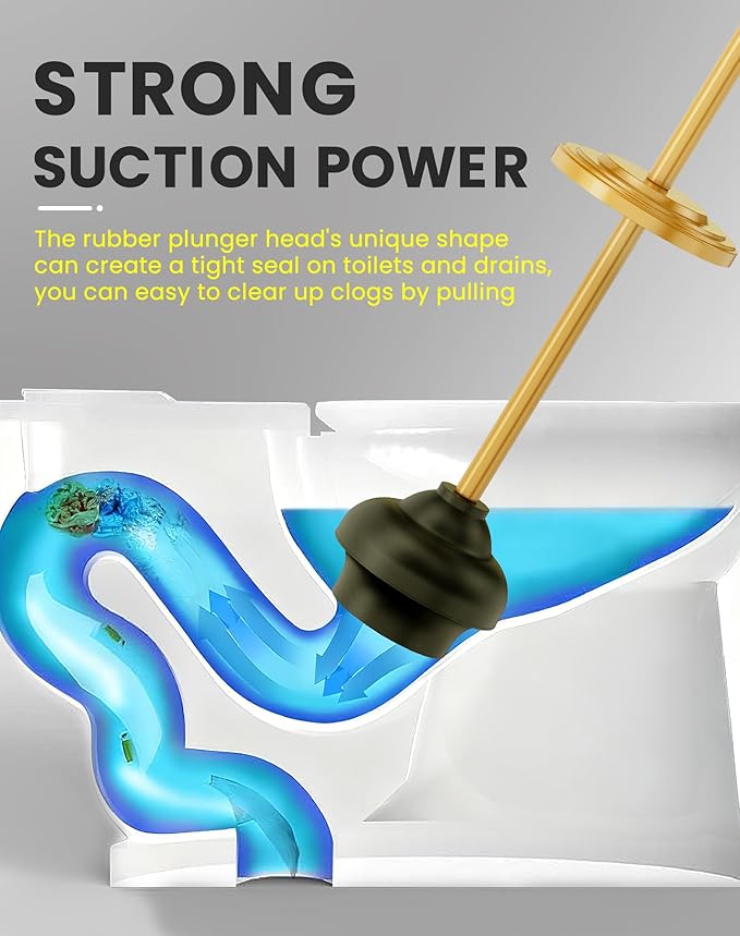 DOWRY Anti-Hand Off Toilet Plunger with Holder for BathroomPowerful Efficient Force Suction CupHeavy Duty Deep Cleaning Gold