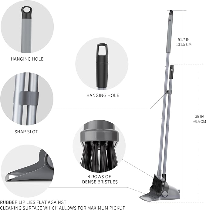 MR.SIGA Broom and Dustpan Set with Adjustable Long Handle Upright Combo for Floor Cleaning Lobby Gray