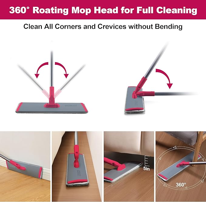 JOYMOOP 18 Inch Dust Mop for Hardwood Floors Heavy Duty Industrial Wet Dry Mops with Telescopic Handle Includes 3 Microfiber Mop Pads - Red-Grey