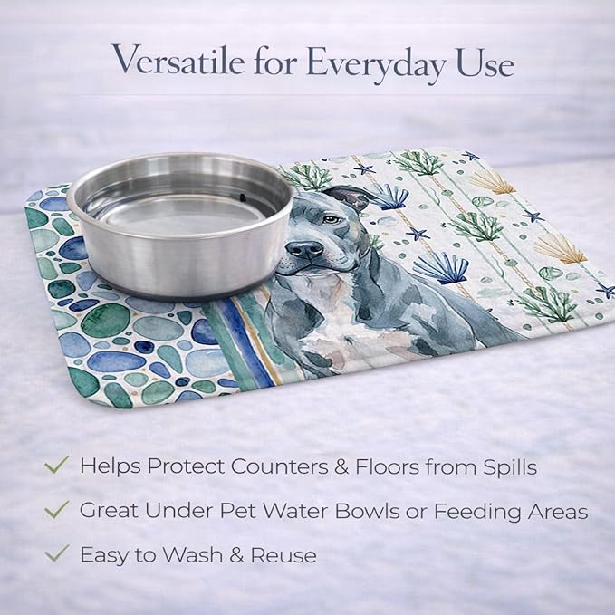 Caroline's Treasures Blue American Staffordshire Terrier Coastal Sea Glass Dish Drying Mat Absorbent Dish Drying Mat Pad for Kitchen Counter Dish Drainer Mat for Countertop 14 x 21 Multicolor