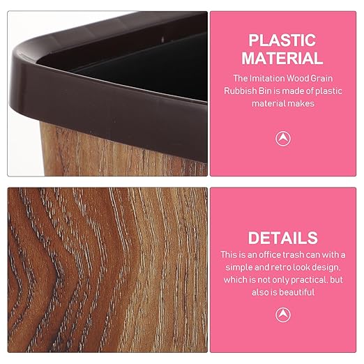 Luxshiny Vintage Wood Grain Bathroom Garbage Container 10l Rectangular Plastic Trash Can with Removable Press Ring for Kitchen Living Room and Toilet Wastebasket
