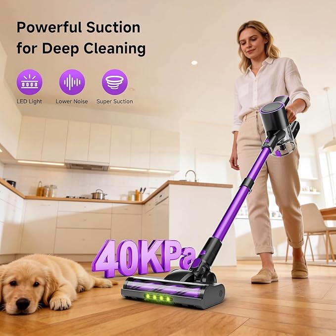 Cordless Vacuum Cleaner 500W/40Kpa Vacuum Cleaners for Home Stick Vacuum Cordless with LED Display Anti-Tangle &amp Wall Mount 8 in 1 Lightweight Vacuum for Hard Floors Pet Hair(Purple)