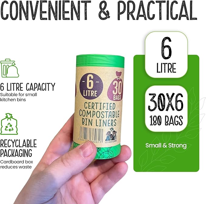 Eco Green Living 6 Litre Compostable Bin Liners Plastic Free &amp Recyclable Caddy Bags for Food Waste Leak Resistant Small Bin Liners 36 x 66 cm - Six Pack (180 Bags)