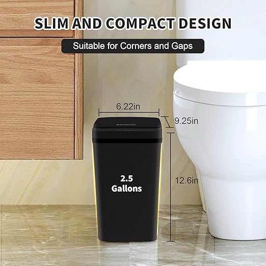 3 Pack Bathroom Trash Can with Lid 2.5 Gallon Small Slim Trashcan Automatic Trash Can Touchless Motion Sensor Waterproof Plastic Trash Bin for Bedroom Kitchen Office Living Room (Black+Gray+White)