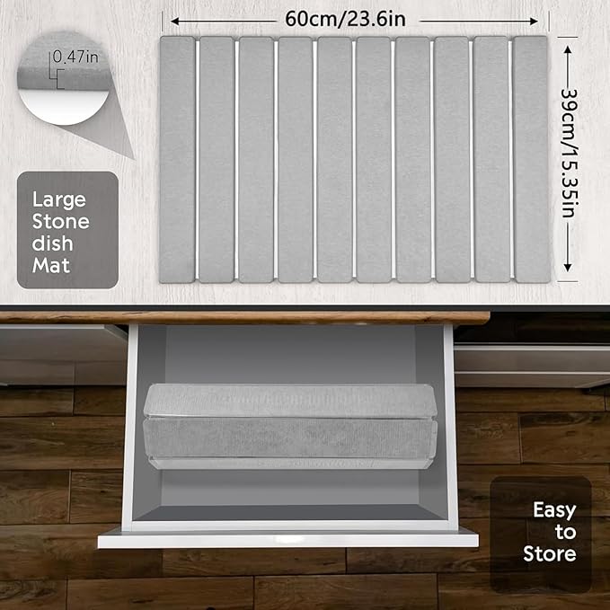 Stone Drying Mat for Kitchen Counter Stone Dish Drying Mat Foldable Super Absorbent Diatomaceous Earth Quick-drying Draining Mat for any Kitchen Countertop (Medium Gray B 23.6”x15.4”)