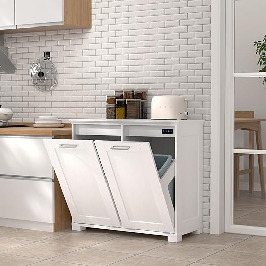 Tilt Out Trash Can Cabinet Wooden Trash Cabinet with Deodorising Function 20 Gallons Freestanding Dog-Proof Garbage Bin Cabinet for Home Laundry Room Kitchen and Living Room White Finish