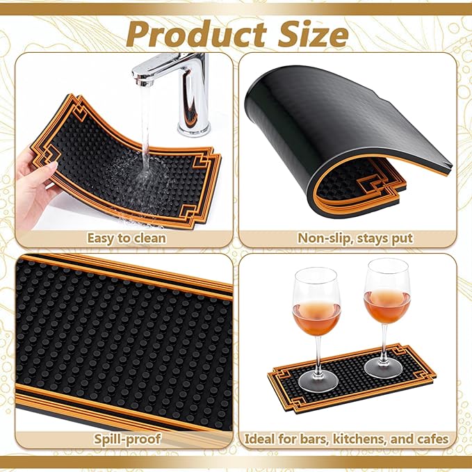 4Pcs 12x6 Inch Bar Mat Non Slip Coffee Bar Mats with Gold Border Cocktail Service Coffee Mats CounterTop Dish Drying Mat for Home Spills Restaurants Counter Whiskey and Espresso