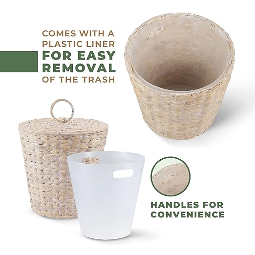 3 Gallons White Wicker Trash Can with Lid and Liner