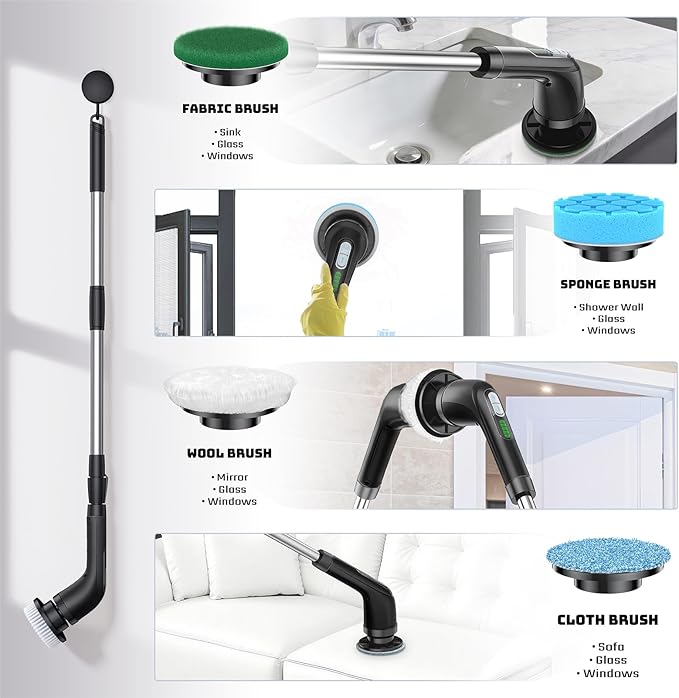 Electric Spin Scrubber Powerful 2-Speed Cleaning Brush IPX7 Waterproof with 7 Reusable Brush Heads &amp Extendable Handle for Bathroom Toilet Shower Kitchen Wall Tile Floor Grout (Black)