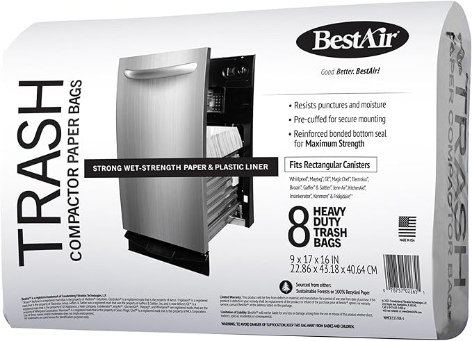 BestAir WMCK133508-3 Heavy Duty Trash Compactor Bags 16'' D x 9'' W x 17'' H 24 Count (Pack of 3) Brown