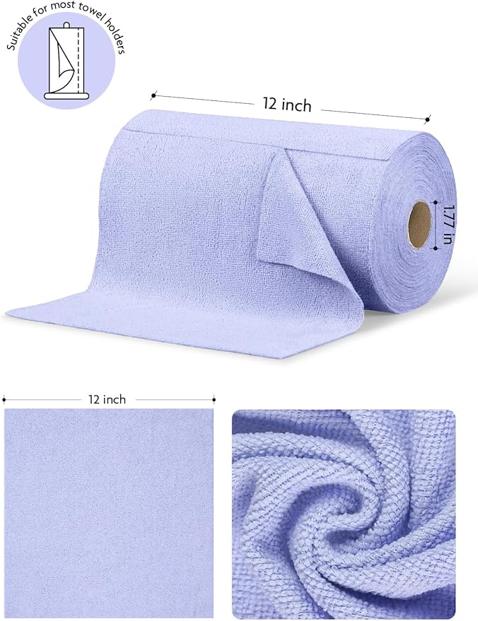 Fantasticlean Microfiber Cleaning Cloth Roll -75 Pack Tear Away Microfiber Towels 12 x 12 Reusable Washable Scratch Free Ultra Absorbent Dishcloth for All-Around Cleaning Supplies (Lavender)
