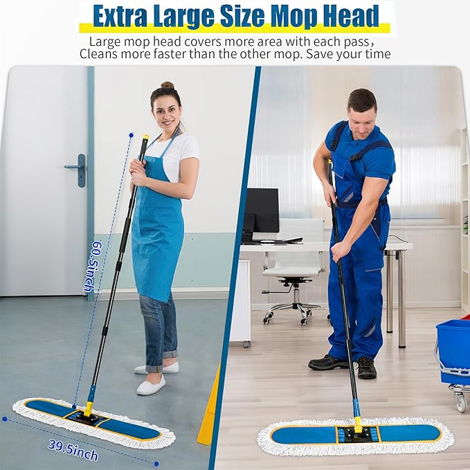 24 Commercial Dust Mop for Floor Cleaning Heavy Duty Large Industrial Floor Duster with 2 Cotton Mops Pads Wet Dry Mops for Hardwood FloorsConcreteMarbleLaminateTileGarageBlue