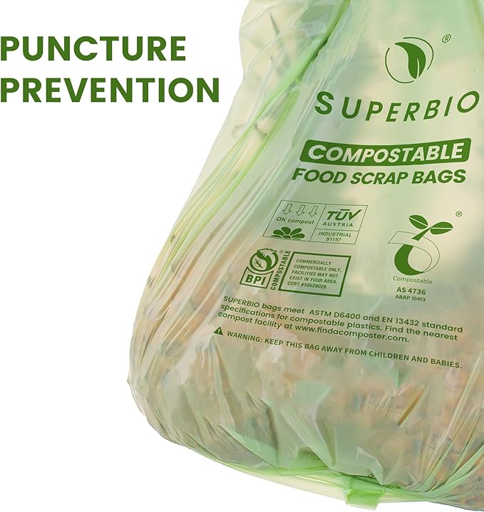 SUPERBIO 2.6 Gallon Compostable Bags with Handles 100 Count1 Pack Food Scrap Bags Certified by BPI and OK compost INDUSTRIAL 9.84L