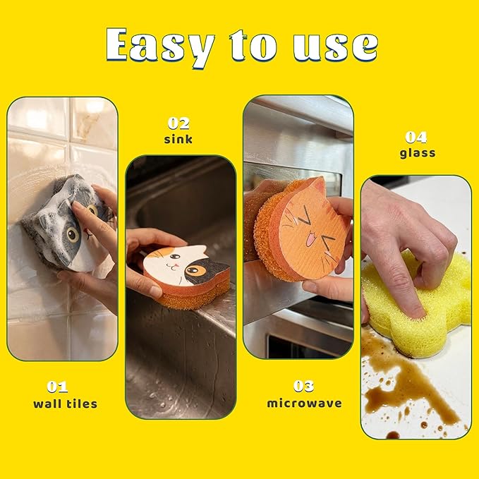 Bulimumu Kitchen Sponge Composite Swedish Dish Clothes Cute Cat Set Dual-Action Scrubber with Smart-Response Layer Non-Scratch Dishwashing Sponges(6 Pack)