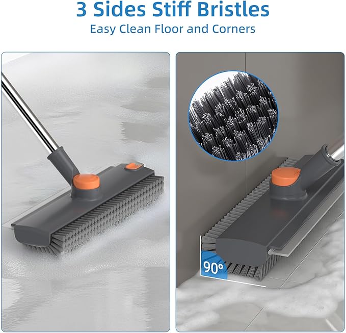 Scrub Brush with Long Handle Floor Scrub Brush Squeegee Broom for Cleaning 3 in 1 Shower Scrubber Floor Broom Squeegee for Concrete Tile Wall Deck Patio Grey