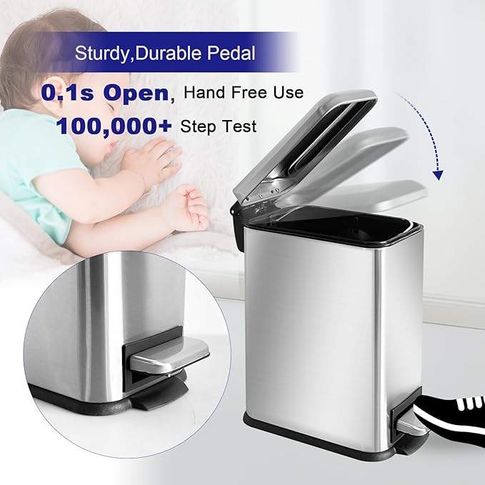 Bathroom Trash Can5L/1.3 Gallon Trash Can with Removable Liner Bucket Foot Pedal Stainless Steel Small Garbage can with Lid for BathroomBedroomHome OfficeSilver