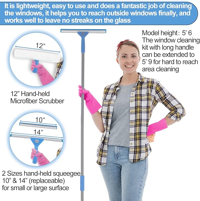 Window Squeegee Washing Kit for High Window Shower Glass Door Mirror Cleaning with 69-inch Extension Pole Extra 14'' Wide Squeegee and 2 Microfiber Scrubbers Included