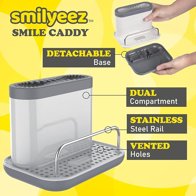 The Original Smiling Sponge Handle Soap Dispensing Handle by Smilyeez for The Smiling Sponge with Smilyeez Caddy &amp Dishwand with 2 Scrub Brushes (Light Blue)