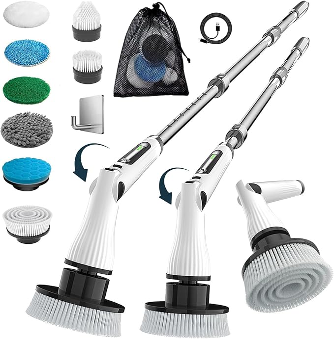 Electric Spin Scrubber 8 in 1 Electric Cleaning Brush Cordless Rechargeable Scrub Brush with 8 Replaceable Brush Heads Adjustable Length and Angle Power Scrubber for Bathroom Tile Bathtub Glass