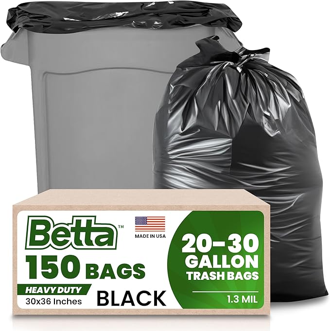 Betta 20-30 Gallon Black Trash Bags 150 Count Box (30x36-inch) Commercial Heavy-Duty Garbage Can Liners for 16-20 Gallon Round Cans 15-23 Gallon Slim and Square Cans