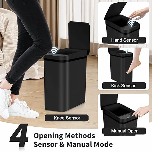 3 Pack Bathroom Trash Can with Lid 2.5 Gallon Small Slim Trashcan Automatic Trash Can Touchless Motion Sensor Waterproof Plastic Trash Bin for Bedroom Kitchen Office Living Room (Black)