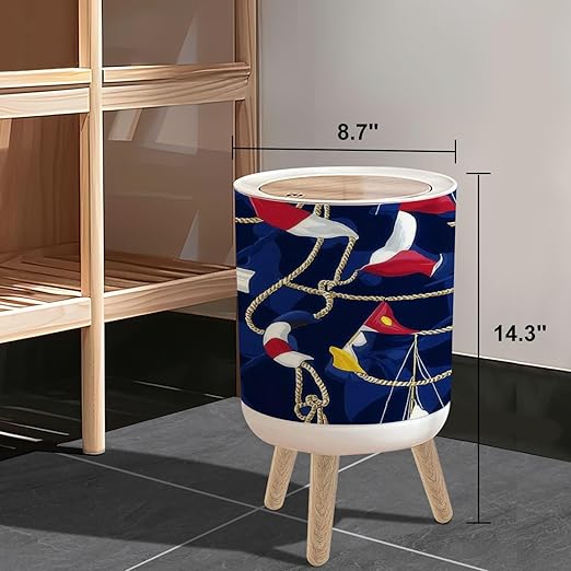Small Trash Can with Lid Navy Flags Ropes Blue Seamless Nautical Style for 1.8 Gallon/7L Garbage Can Waste Bin with Press Top Lid Legs Waste Basket for Bathroom Kitchen Bedroom