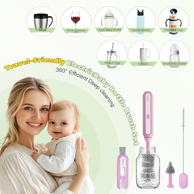 Electric Baby Bottle Brush Cleaner 5-in-1 Travel Kit with Storage Bag Food-Grade Silicone Long Battery Life Portable Baby Bottle Cleaner Brush Set Ideal Gift for Parents &amp Babies (Purple)