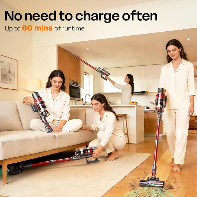 Cordless Vacuum Cleaner 600W/50KPA Up to 60 Minutes Stick Vacuum with Rechargeable Design Powerful Suction Lightweight Vacuum Cleaner for Home/Pet Hair/Carpet/Hard Floor Red