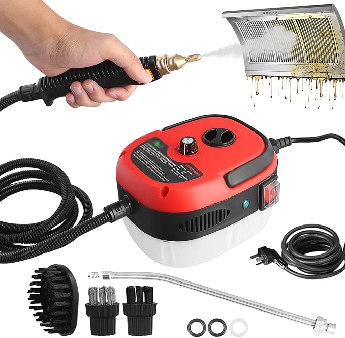 2500W Handheld Steam Cleaner Portable High Temp Steamer Cleaning Machine with 3 Brush Heads Steamer for Cleaning Grout Tile Car Living (Red 110v)