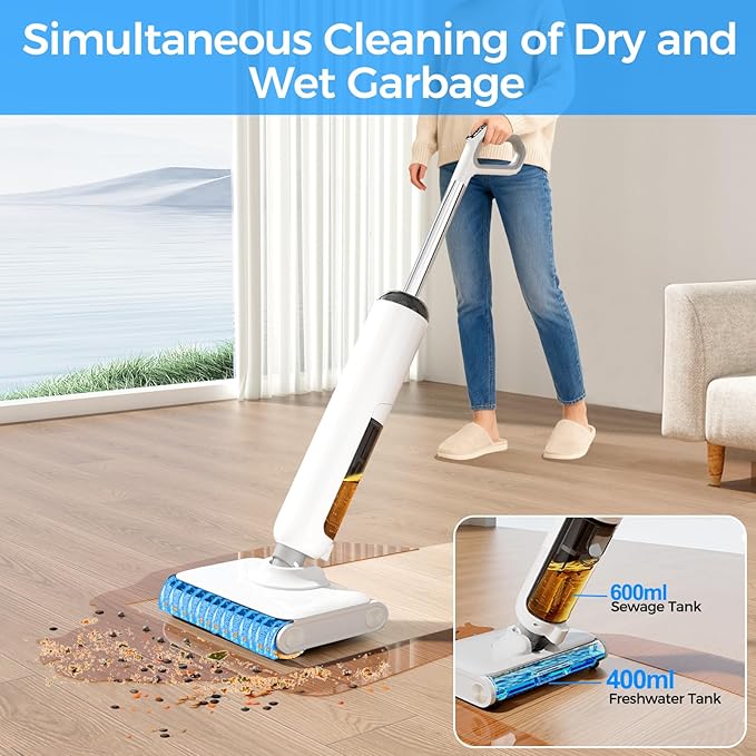 Cordless Wet Dry Vacuum Cleaner 23KPa Vacuum Mop for Hard Floors Up to 45 Min Runtime 180° Lay-Flat Design with Hot Water Self-Cleaning &amp 185°F Hot Air Drying Anti-Tangle Brush for Pet Hair