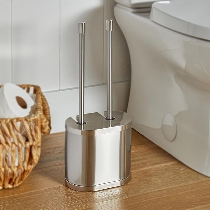 Brushed Nickel Metal Toilet Bowl Brush and Plunger Set – Durable Bathroom Cleaning Essential with Sleek Finish