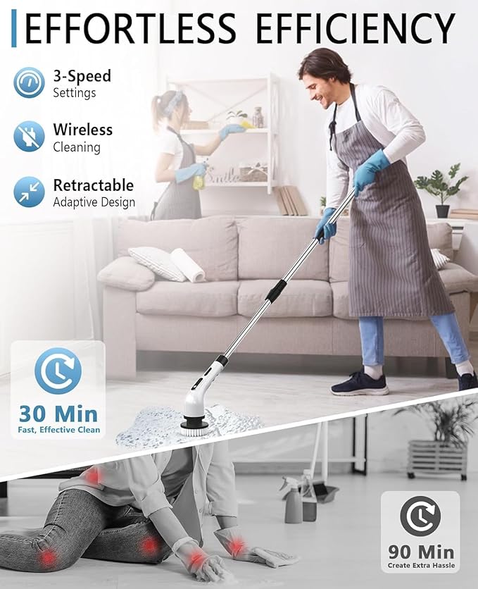 Electric Spin Scrubber for Cleaning Bathroom Shower Scrubber Cordless Cleaning Brush with IPX7 Waterproof &amp 3 Speed 9 Brush Heads Bathroom Cleaning Supplies for Shower Tub Kitchen Tile Toilet F