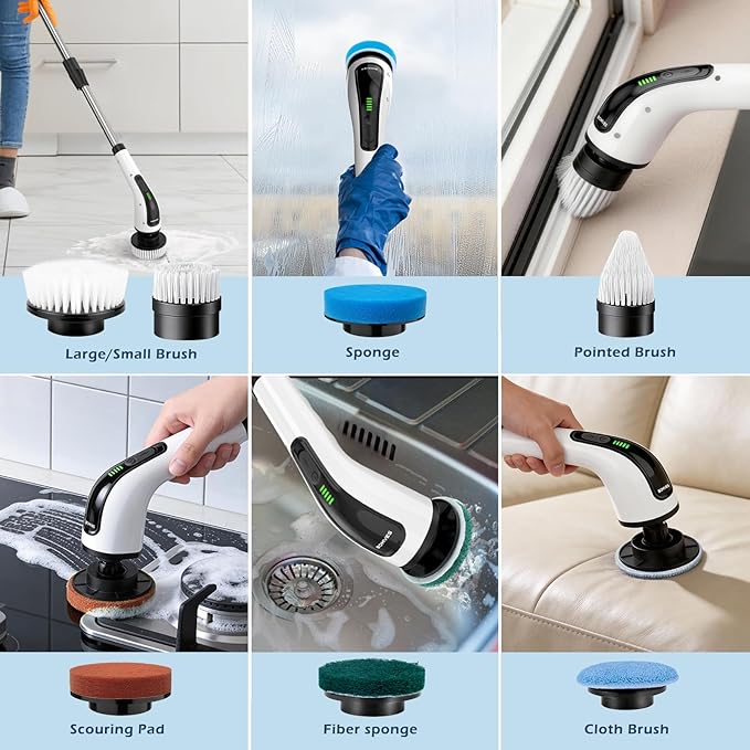 Electric Spin Scrubber Cordless Cleaning Brush Scrubber for Home 8 Replaceable Brush Heads-90Mins Work Time 3 Adjustable Size 2 Speeds for Bathroom Shower Bathtub Glass Car