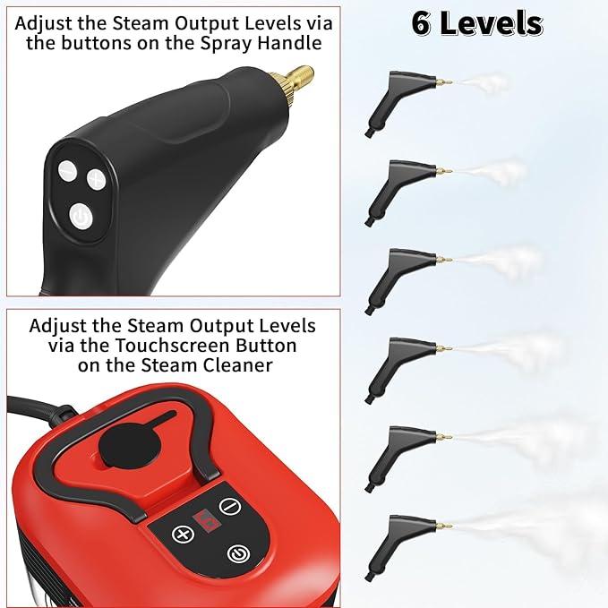 Portable Steam Cleaner 2500W Pressurized Handheld Steam Cleaner with 1.2L Water Tank 6 Levels Steam Output Cleaning Steamer for Cleaning Home Furniture Bathroom Car Detailing (Red)