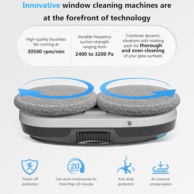 Window Cleaning Robot – 2400-3200Pa Suction Dual Ultrasonic Spray 85ml Tank Edge Detection Anti-Drop 3 Cleaning Modes for Streak-Free Glass(Black)